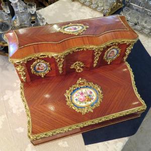 Writing Case In Rosewood Marquetry And Sévres Boulle Plaque, Napoleon III Period