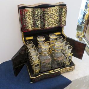Tantalus Box Cellar Liquor In Boulle Marquetry Napoleon III Period Gilding Crystal Completed