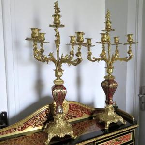 Pair Of Boulle Marquetry And Bronze Candelabras, Napoleon III Period, 70cm