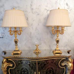 Pair Of Lamps Candelabra 85cm  Golden Bronze And Boulle Marquetry In Napoléon III Period