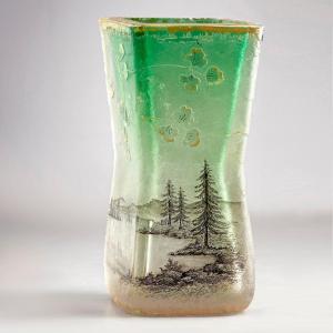Daum Nancy Vase - Circa 1900 – Sandblasted Glass & Cameo, Landscape, Bright Green Gradient