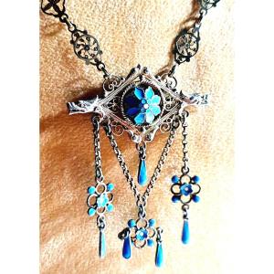 Silver Drapery Necklace Light Blue Enamel - XIXth Century