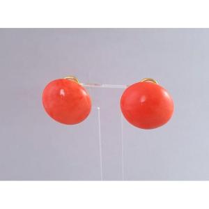 Yellow Gold Clips With Large Orange Coral Cabochons Diameter 22 Mm