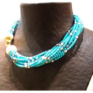 Torsade Necklace With Cultured Pearls And Natural Turquoise Pearls