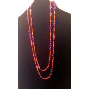 GRAND SAUTOIR DE CORAIL ANCIEN MEDITERRANEEN ET DE DIVERSES PERLES D'AMETHYSTE