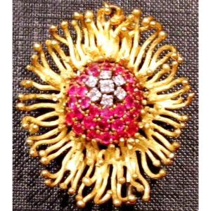 Yellow Gold Brooch Pendant With Ruby And Diamonds, Circa 1950