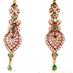 BOUCLES D'OREILLES PENDANTES OR ARGENT DIAMANTS & EMERAUDES