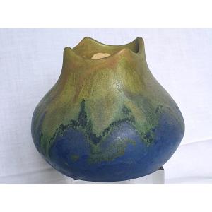 PETIT VASE GRÈS ÉMAILLÉ BLEU COULURES VERT KAKI