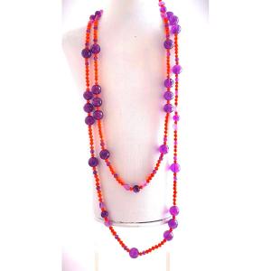 LONG COLLIER - SAUTOIR de CORAIL ANCIEN et d'AMETHYSTES DIVERSES