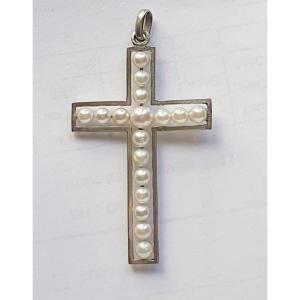 White Gold Cross And Cultured Pearls, Art Deco Style