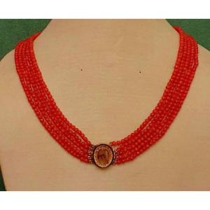 COLLIER 5 RANGS DE CORAIL MÉDITERRANÉEN  AVEC FERMOIR OR ET AGATE HERBORISÉE  - EPOQUE CHARLE X
