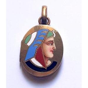 Opening Golden Metal Pendant - Enamel "egyptian Head" Pattern