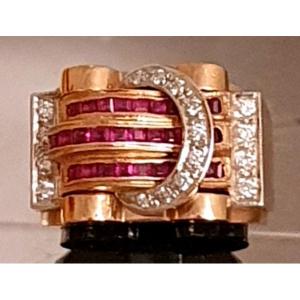Yellow And White Gold Belt Ring - Diamonds - Calibrated Rubies 1940/1948 Style