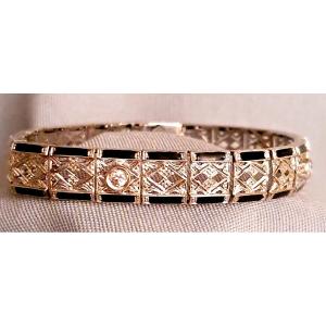 Articulated White Gold Diamond And Black Enamel Bangle Bracelet - Art Deco Style