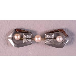 Small White Gold Brooch-barette With Diamonds And Pearls