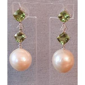 Cultured Pearl Earrings - Peridots - Diamonds