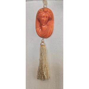 Mediterranean Coral Cameo Mounted As A Pendant With A Tassel Of Natural Fine Pearls