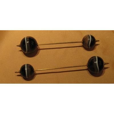 A Pair  Of Hat Pins  With  Agate  White And Black
