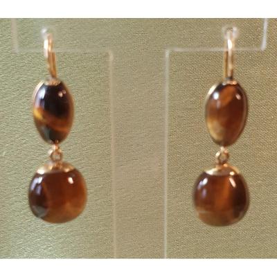Yellow Gold Earrings With Tiger's Eye Cabochons