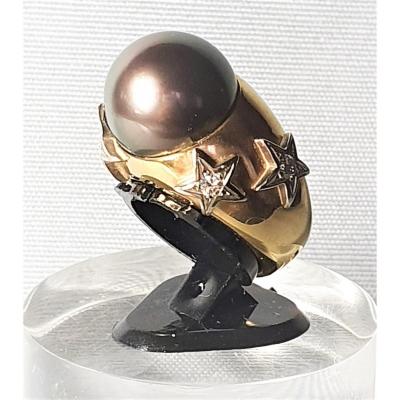 Yellow Gold Ring Tahiti Pearl And Star Patterns Set With Small Diamonds