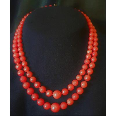 COLLIER 2 RANGS CORAIL SARDE FACETTE & DEGRADE