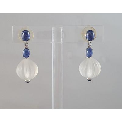 BOUCLES D'OREILLES OR BLANC BOULE QUARTZ DEPOLI & SAPHIRS