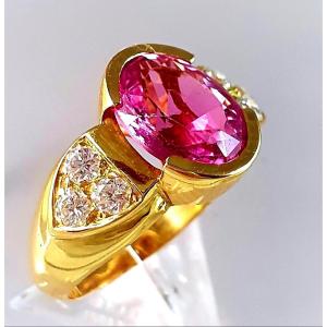 BAGUE JONC OR JAUNE TOURMALINE ROSE & DIAMANTS BRILLANTES
