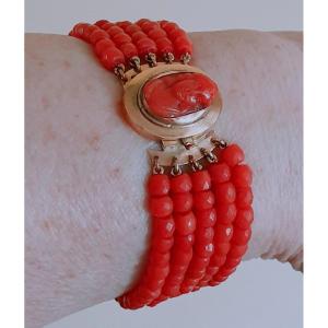BRACELET 5 RANGS PERLES DE CORAIL FACETTE FERMOIR OR & CAMEE CORAIL