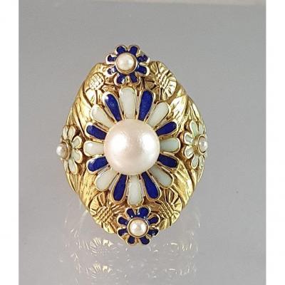 BAGUE OR JAUNE EMAILLE avec UNE PERLE AU CENTRE