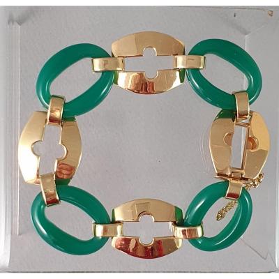 Art Deco Bracelet 4 Yellow Gold Links And 4 Chrysoprase Elements