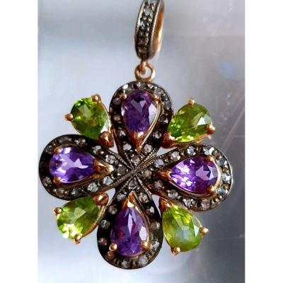 Gold And Silver Pendant With Amethyst - Peridot And Diamond Roses