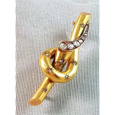 BROCHE BARETTE OR JAUNE NOEUD AVEC DIAMANTS