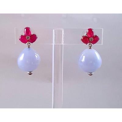 White Gold Earrings With Chalcedony Pearl And Ruby