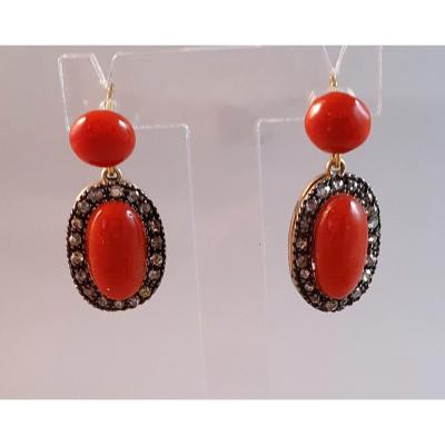 BOUCLES D'OREILLES  CABOCHON CORAIL ROUGE &  DIAMANTS TAILLE ROSE