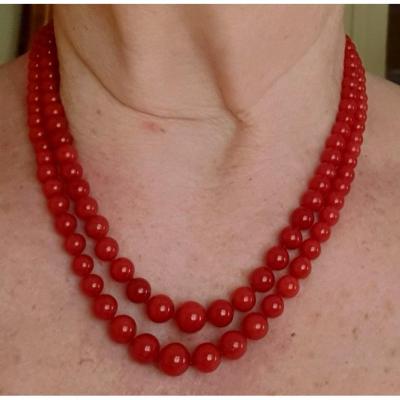 2 Strand Mediterranean Coral Necklace - Exceptional Ox Blood Color