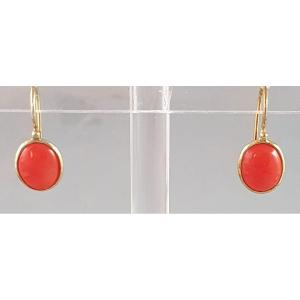 BOUCLES D'OREILLES CABOCHON de CORAIL MEDITERRANEEN - Monture en VERMEIL