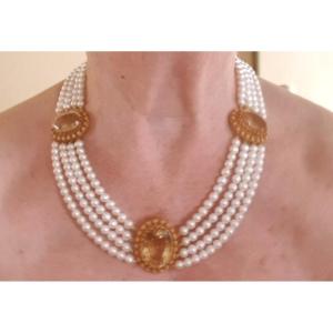 Necklace :  4 Rows Of Cultured Pearls With Gold And Citrine Elements - Charles X Period