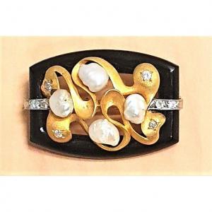 Gold Onyx Pearl Diamond Brooch  Art Deco