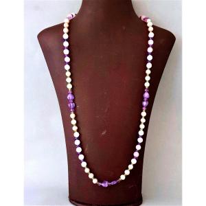 COLLIER DEMI SAUTOIR DE PERLES DE CULTURE - d'AMETHYSTES et de QUARTZ ROSE