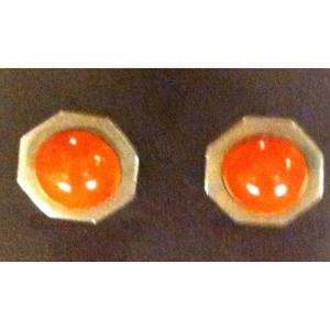 BOUCLES d'OREILLES  "CLIPS" EN OR JAUNE  CABOCHONS DE CORAIL