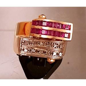 Two-tone Gold Ring 585°/°° Style 1940 With Rubis And Diamonds