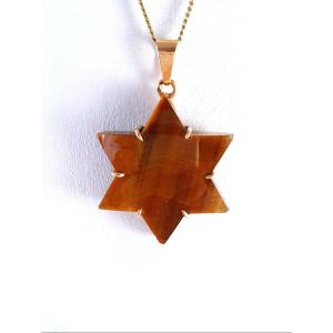 PENDENTIF  ETOILE DE DAVID OR JAUNE et OEIL de TIGRE