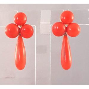 BOUCLES d'OREILLES CORAIL MEDITERRANEEN en 2 PARTIES avec POIRE PENDANTE