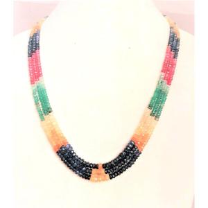 3 Row Necklace Of Precious Stones: Blue And Yellow Sapphires - Emeralds - Red Spinels