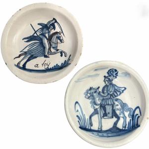 Two Earthenware Dishes Decorated With Horsemen From Northern France - 18th Century