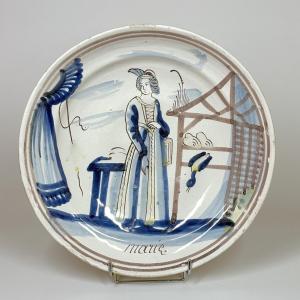 Desvres Earthenware Dish Decorated With A Woman Shopping - Eighteenth Century