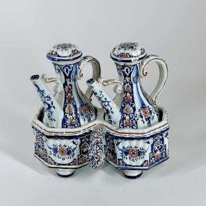 Oil Cruet Stand And Matching Cruets In Rouen Style - 19th Century