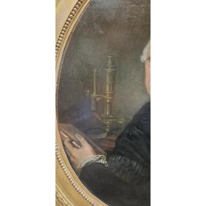 Portrait Of A Scientist With Microscope, Magnifying Glass And Books.