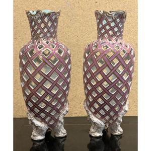 Pair Of Openwork Porcelain Vases Late Nineteenth - Saxony - Meissen - Dresden