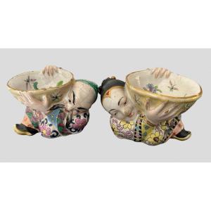 Rare Pair Of Chinese Salerons In Delft Polychrome Earthenware XIXth Century